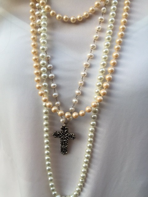 white tee shirt and pearls