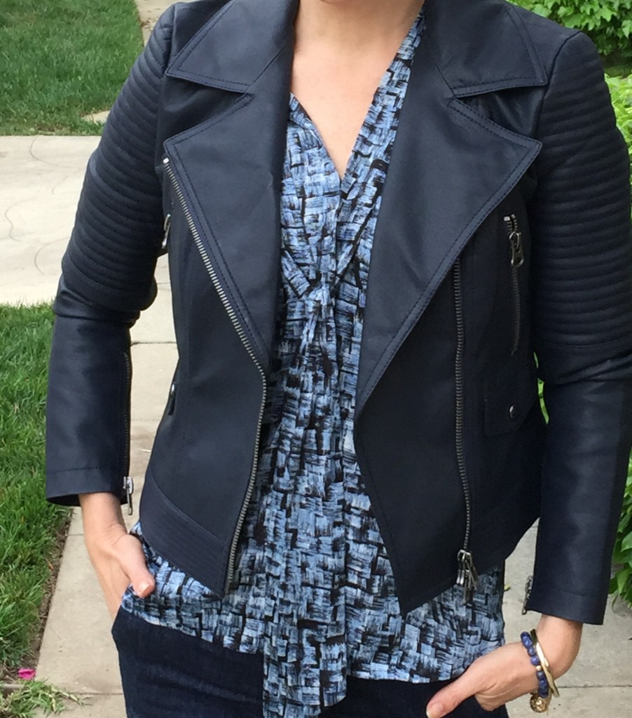 Navy Leather Jacket, Project Gravitas, a new neutral fashion over 40. A new fashion basic for older women. 