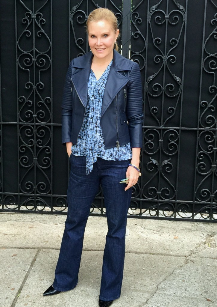 navy leather jacket, a new fashion over 40 style staple for older women