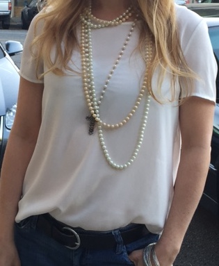 pearls and white tee